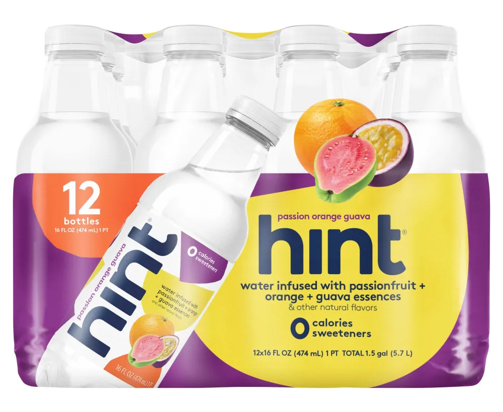 Hint Water Passionfruit, Orange, Guava, Water Infused with Passionfruit Orange Guava, Zero Sugar, Zero Calories, Zero Sweeteners, Zero Preservatives, Zero Artificial Flavor, 16 Fl Oz (Pack of 12)