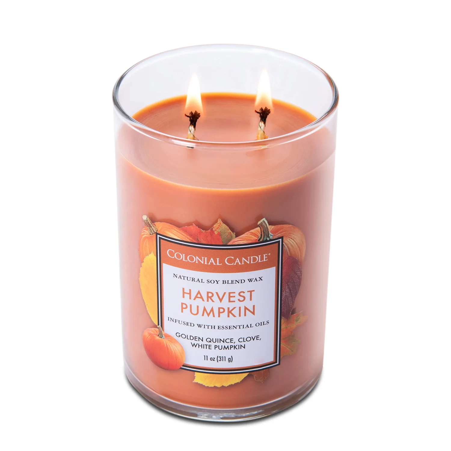 Colonial Candle Harvest Pumpkin Scented Jar Candle, Classic Cylinders Collection, 2 Wick, Orange, 11 oz - Up to 80 Hours Burn
