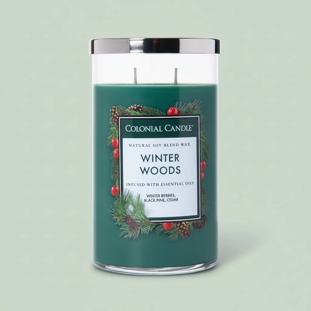 Colonial Candle Scented Jar Candle, Classic Cylinders, Winter Woods, 2 Wick, 19 oz, Green
