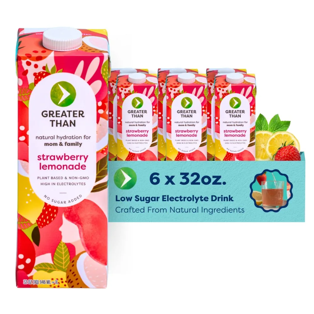 Greater Than Vegan Breastfeeding Support & Breast Milk Supply Aid, Organic Postpartum Nursing Supplement with No Sugar Added, Gluten Free & Keto All Natural, Coconut Water Electrolyte Drink, Strawberry Lemonade (6 Pack)