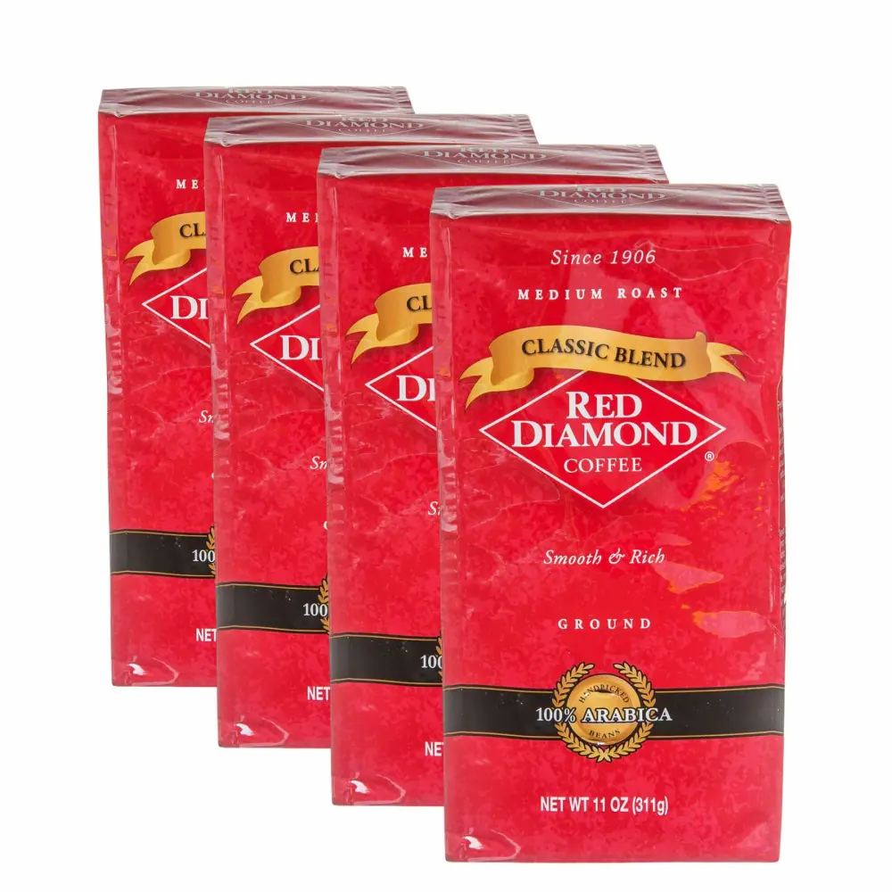 Red Diamond Ground Coffee | Classic Blend | Medium Roast | Arabica Beans | Smooth & Rich Flavor | 11 Ounce Resealable Bags (4 Pack)