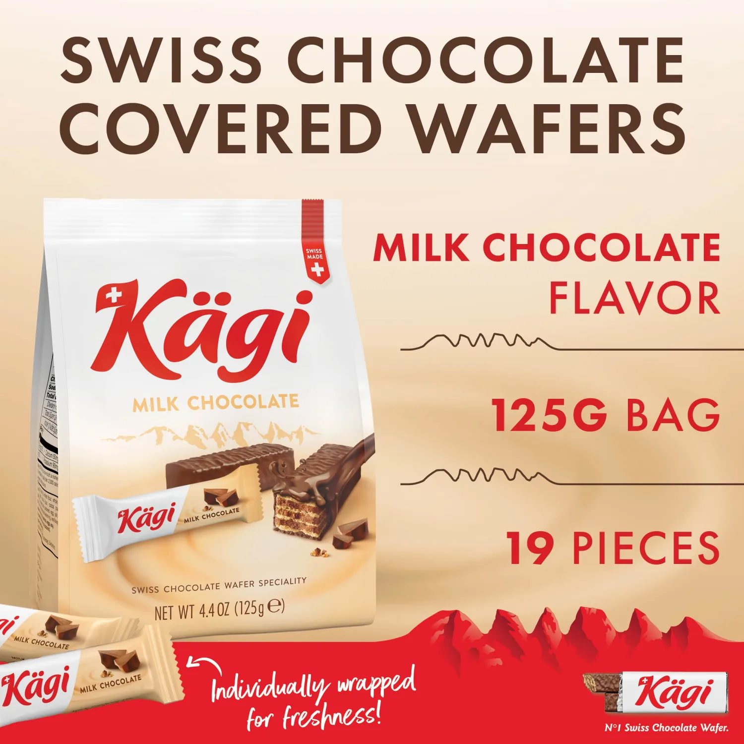 Swiss Milk Chocolate Covered Mini Wafers Cookies by Kägi, Crispy Coated Sweet Snacks, Premium Individually Wrapped Treats, Chocolate Gift, Classic Kägi, 125g Bag