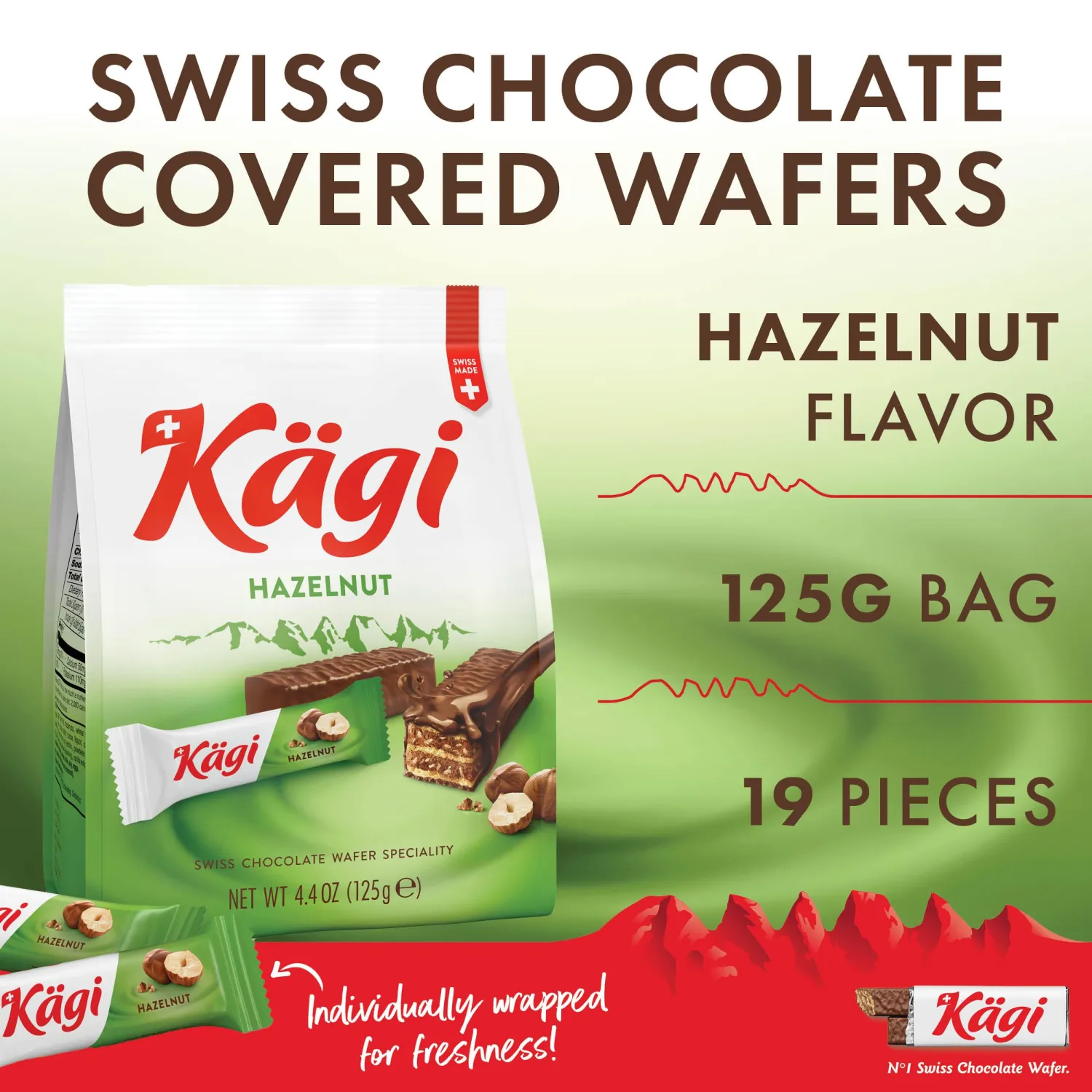 Swiss Milk Chocolate Covered Mini Wafers Cookies with Hazelnut Cream by Kägi, Individually Wrapped Treats, Crispy Coated Sweet Snacks, Chocolate Gift, Classic Kägi, 125g Bag