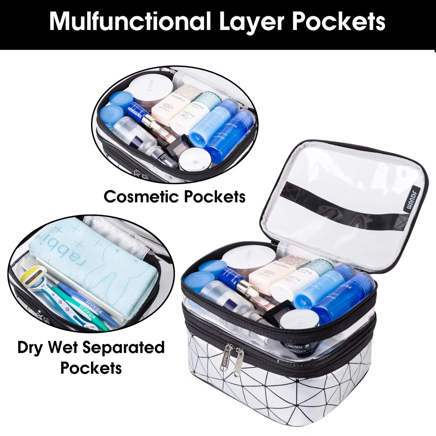 WANDF Makeup Bags Double layer Travel Cosmetic Cases Make up Organizer Toiletry Bags (White)…