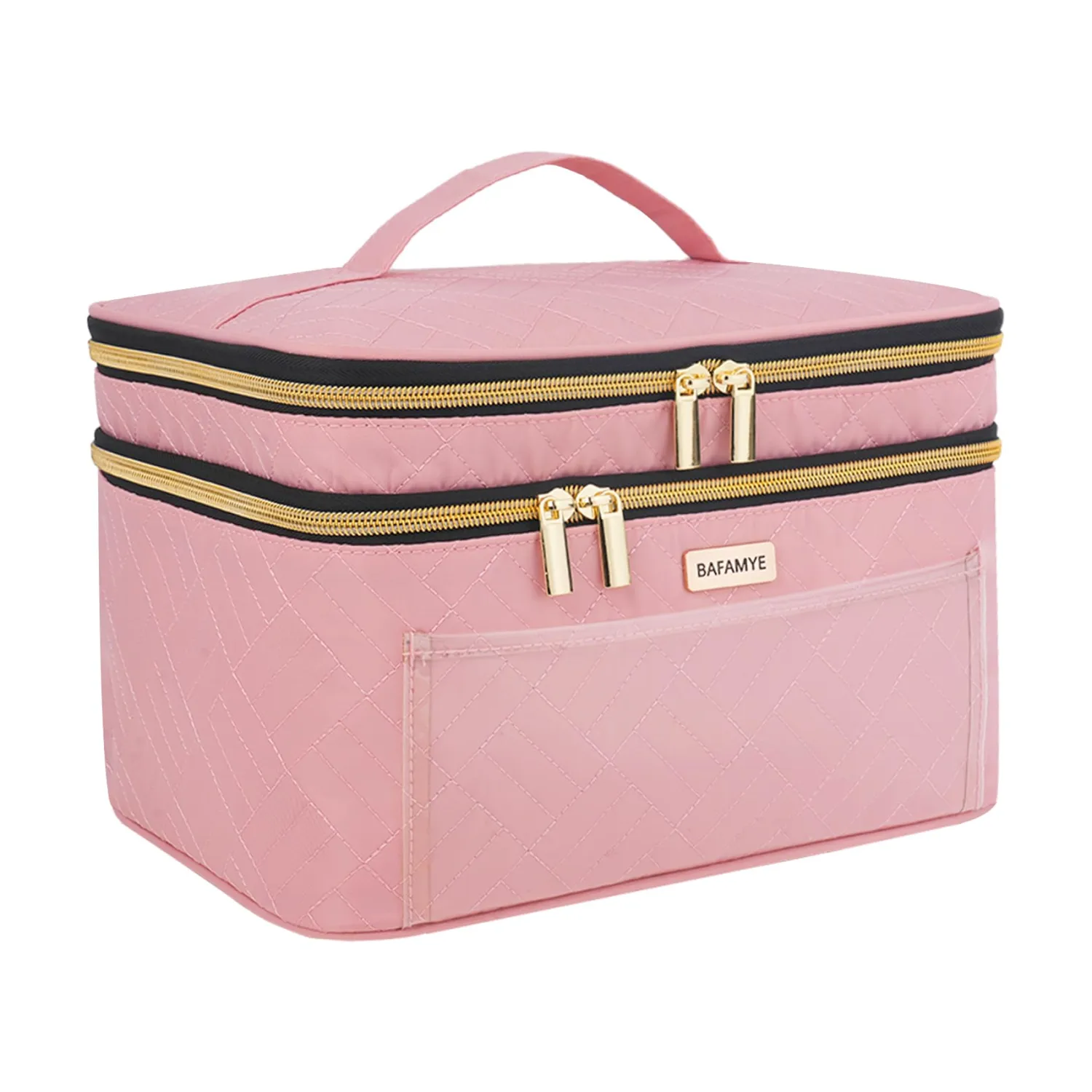 BAFAMYE 8.8L Double Layer Travel Makeup Bag Women, Large Cosmetic Case, Organizer for Travel-Size Accessories Bottles, Brushes, and Skin Care Products, Pink 2.33 GAL