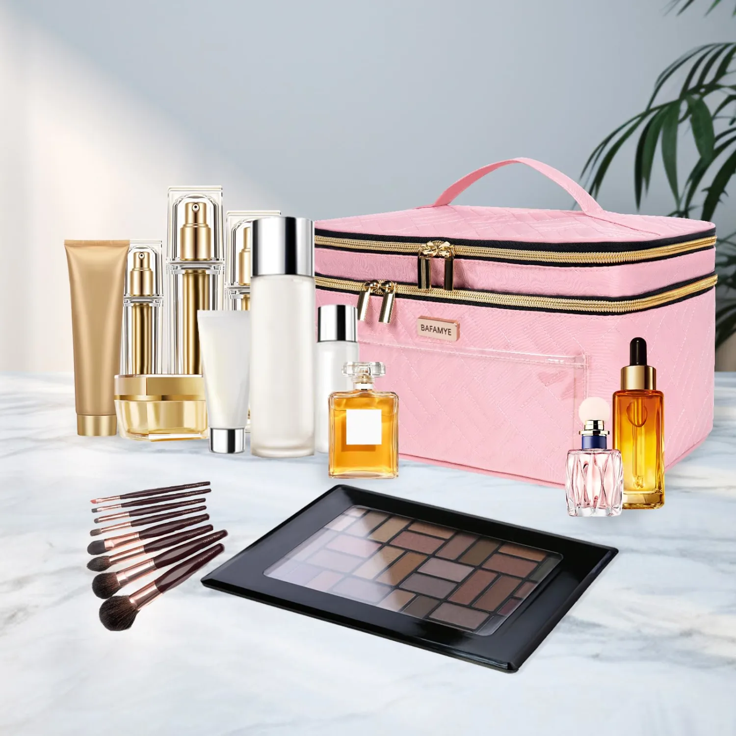 BAFAMYE 8.8L Double Layer Travel Makeup Bag Women, Large Cosmetic Case, Organizer for Travel-Size Accessories Bottles, Brushes, and Skin Care Products, Pink 2.33 GAL