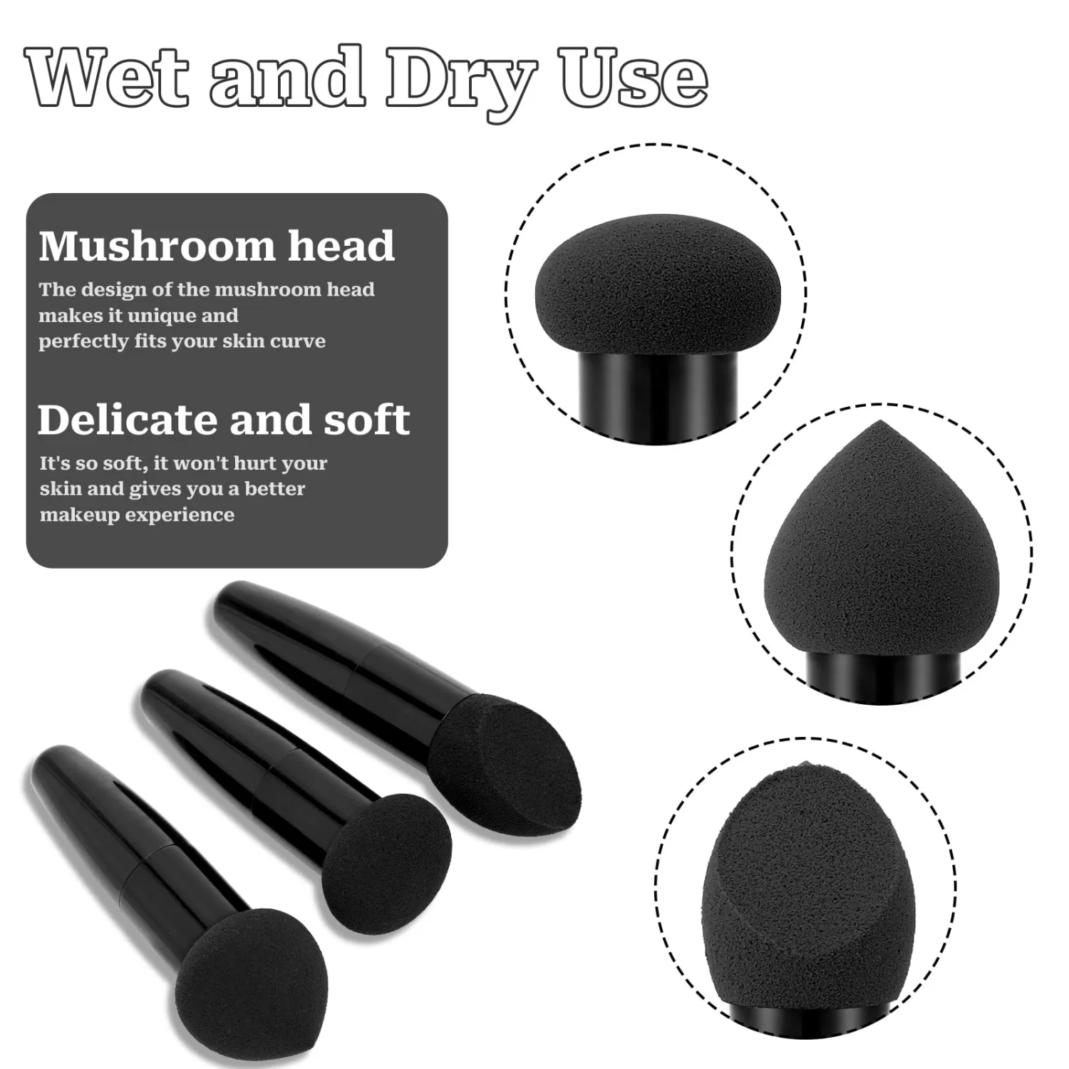 3Pcs Makeup Sponge Facial Foundation Sponge Makeup Blending Sponge with Handle Professional Beauty Sponge Blender Dry & Wet Use Makeup Sponges for Foundation(Black)