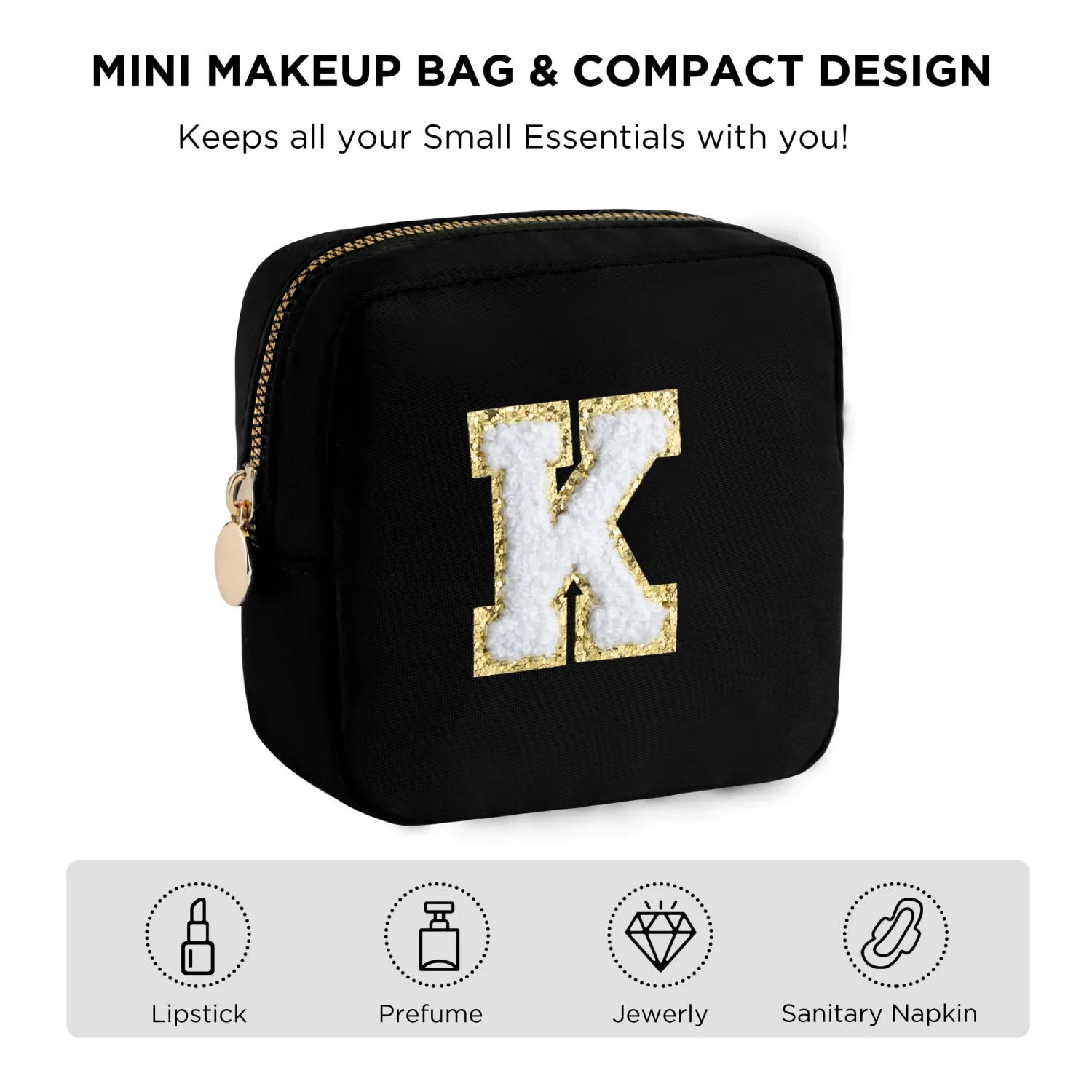 HBselect Graduation Gifts for Her Small Makeup Bag Personalized Initial Letter Mini Makeup Bags Nylon Chenille Letter Patch Cosmetic Bag Cute Waterproof Pouch Coin Purse for Women Teen Girls