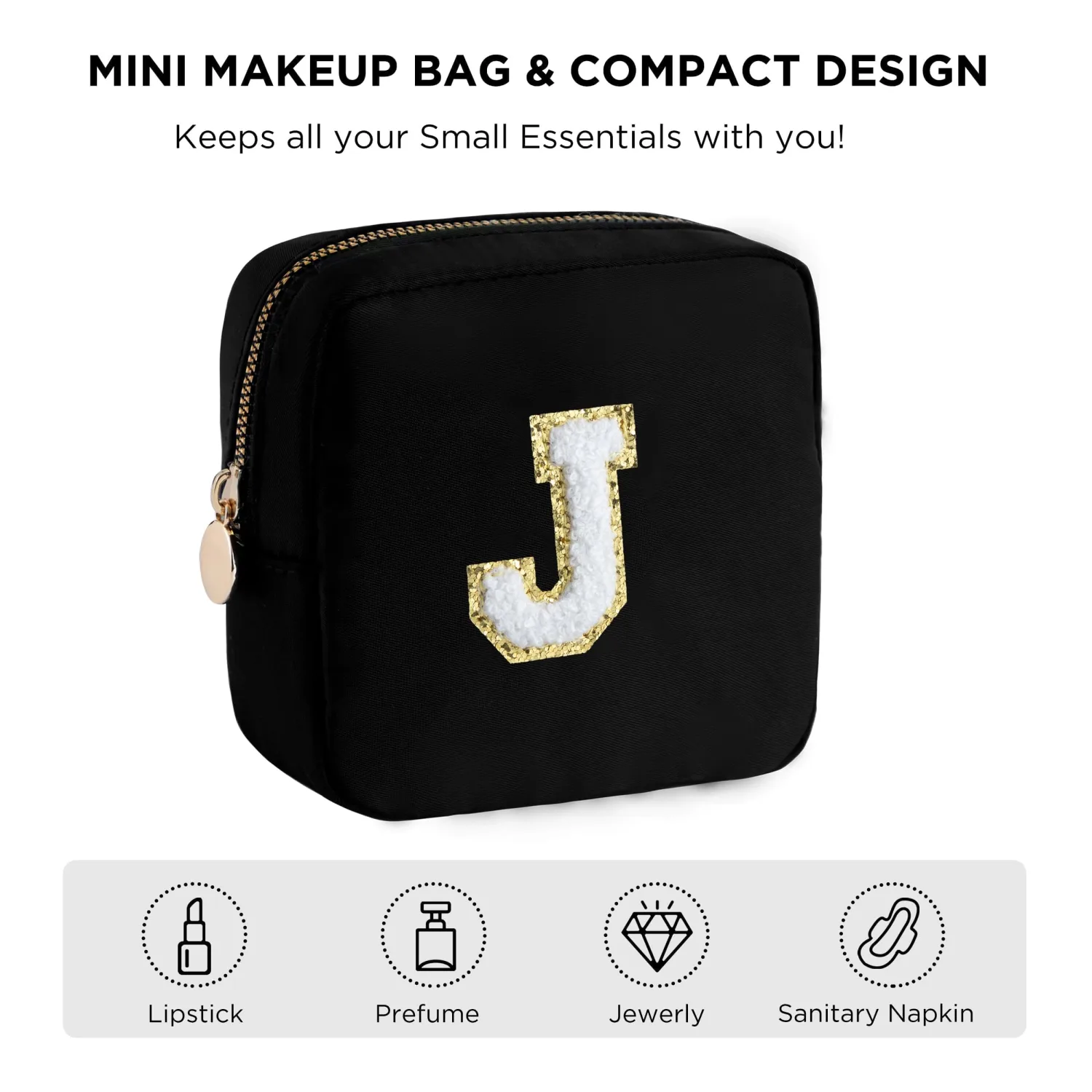 HBselect Small Makeup Bag Personalized Initial Letter Mini Makeup Bags Nylon Chenille Letter Patch Cosmetic Bag Cute Waterproof Pouch Travel Toiletry Bag Preppy Coin Purse Gift for Women Teen Girls