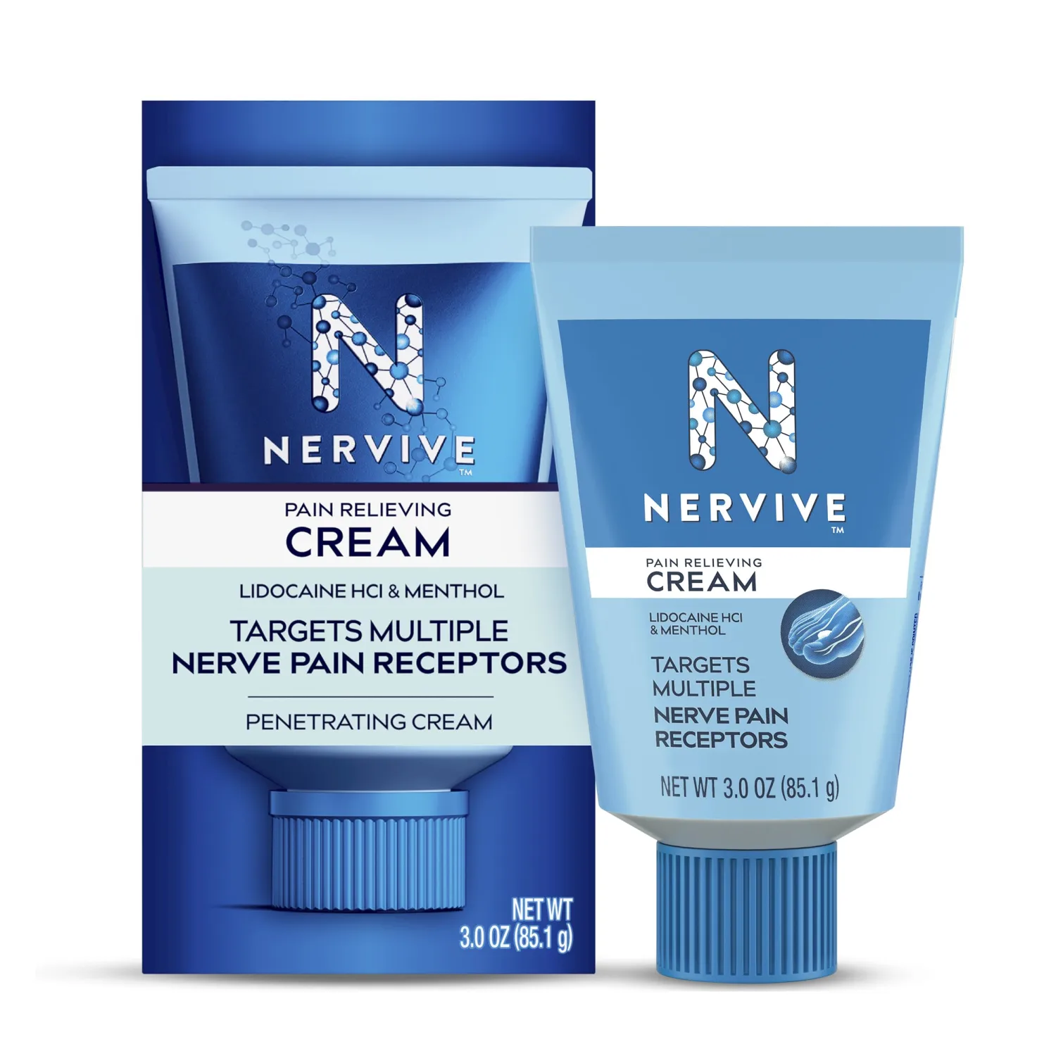 Nervive Pain Relieving Cream, Max Strength Non-Greasy Topical Pain Reliever with Lidocaine and Menthol for Toes, Feet, Fingers, Hands, Legs & Arms, 3.0oz
