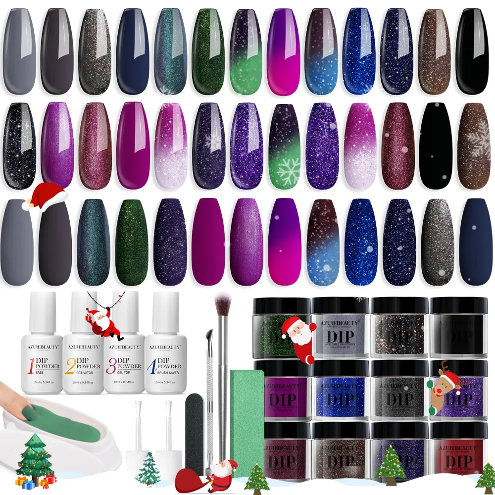 AZUREBEAUTY 31Pcs Dip Powder Nail Kit Starter, 20 Colors Color Changing Glitter Purple Green Christmas Gift Dipping Powder Liquid Set with Base/Top Coat for French Nails Manicure Beginner DIY Salon