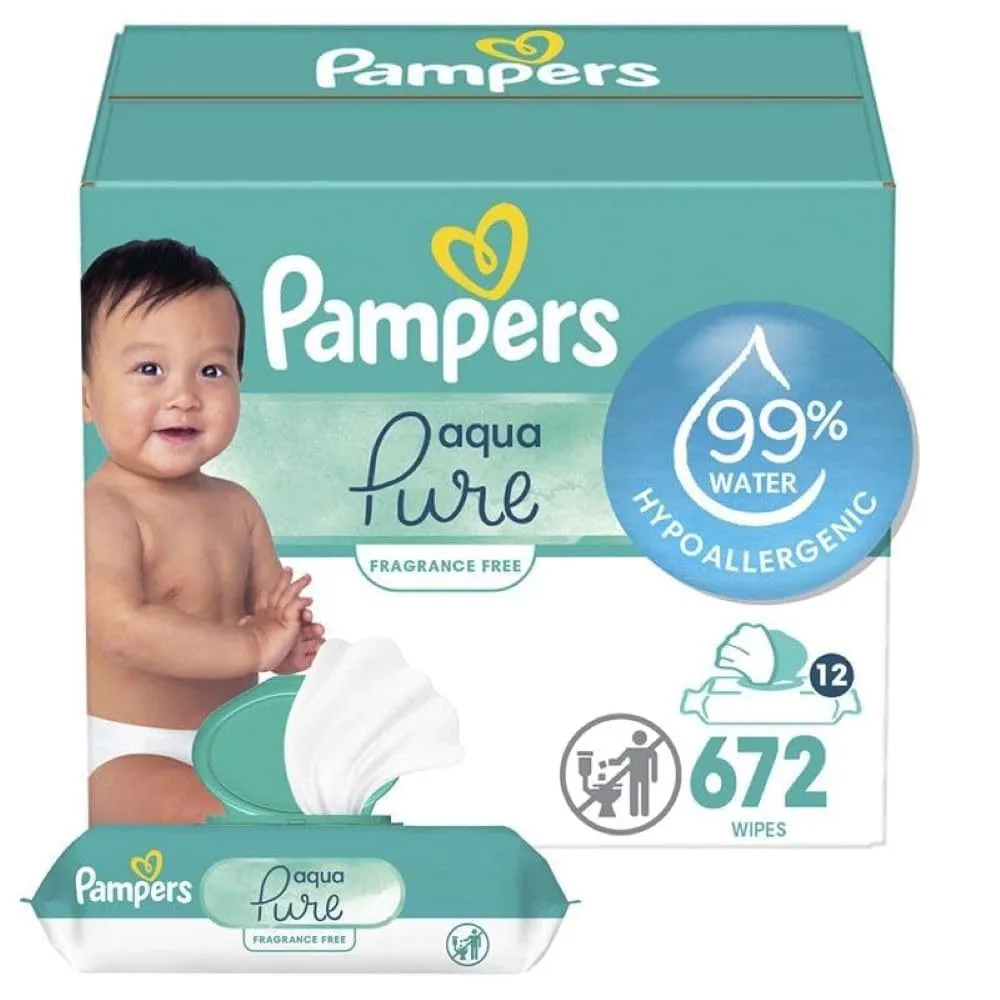 Pampers Baby Wipes Aqua Pure, 99% water-based wipes, Hypoallergenic and Unscented Baby Wipes, 672 Wipes Total (12 Flip-Top Packs)