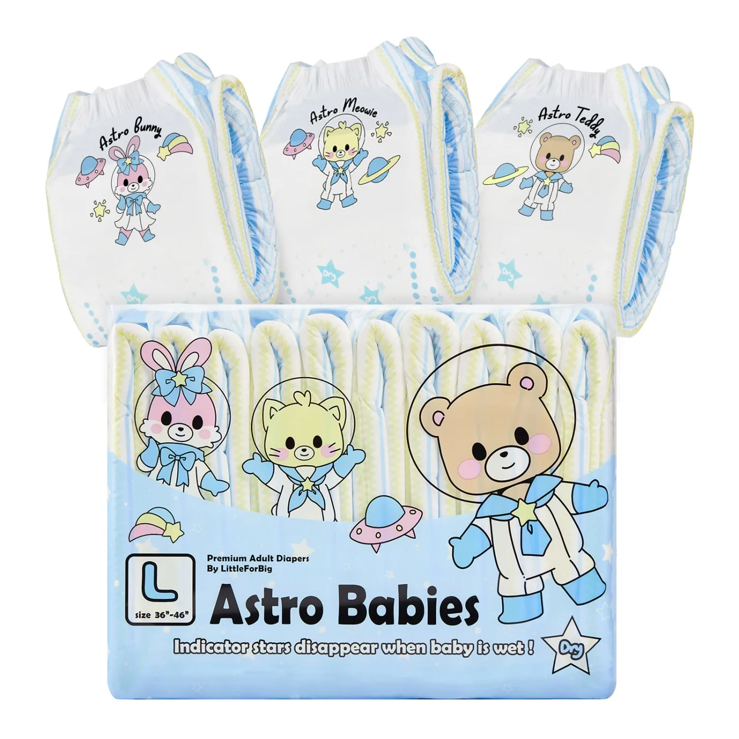 Littleforbig Printed Adult Brief Diapers 10 Pieces - Astro Babies (Large 36"-48")