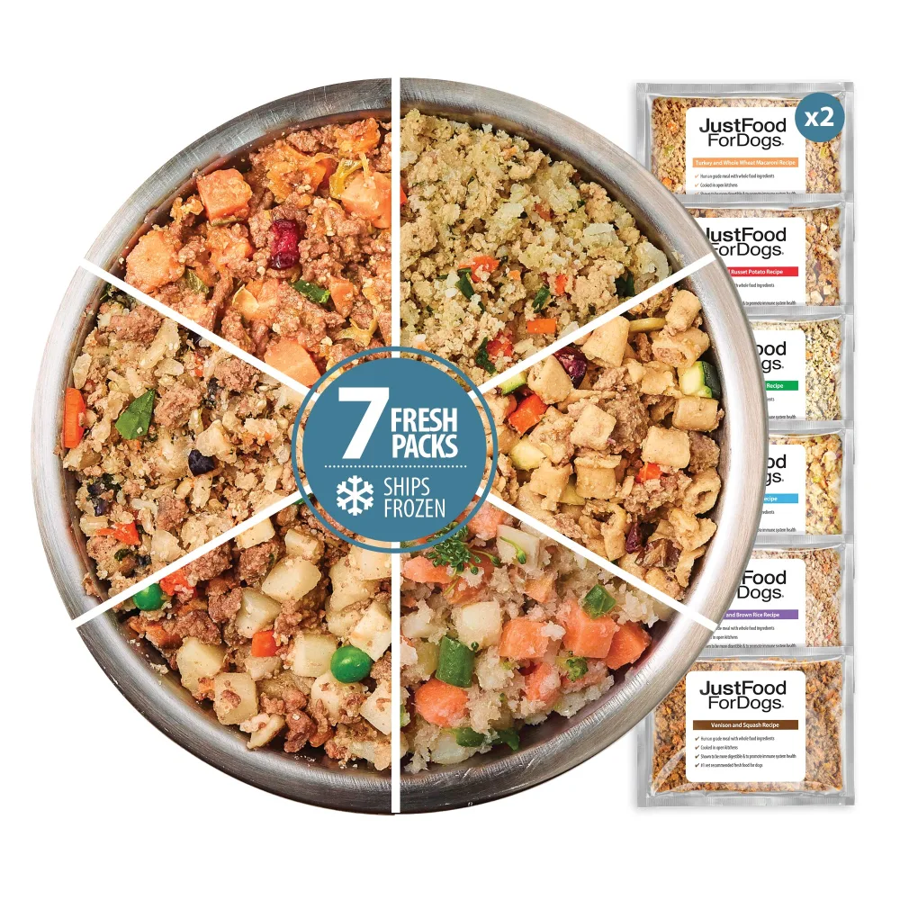 JustFoodForDogs Frozen Fresh Dog Food Sampler Human Grade Dog Food Variety Box, Complete Meal or Dog Food Topper, 18 oz (Pack of 7)