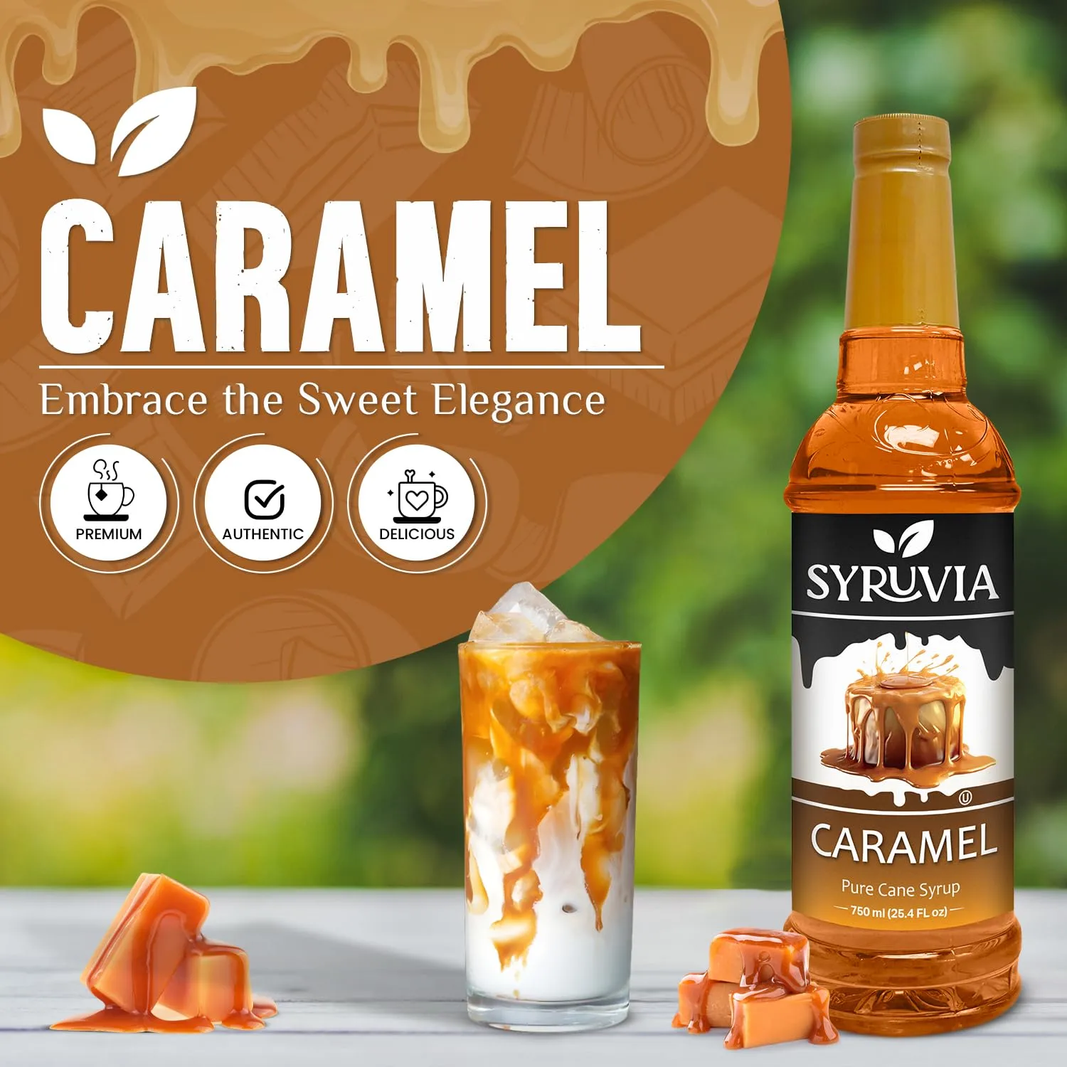 Syruvia Coffee Syrup, Caramel Flavored Syrup for Drinks, Lattes, and Desserts – 25.4 fl oz