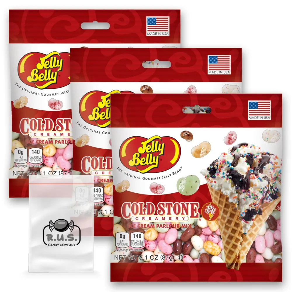 Jelly Belly Cold Stone Ice Cream Parlor Mix Flavored Jelly Beans- Dessert pack - 3 Pack- 3.1 oz each, Indulgent Candy Variety for Ice Cream Lovers and Sweet Tooth Satisfaction with 1 R.U.S. Candy Company pocket size travel bag (Cold Stone)