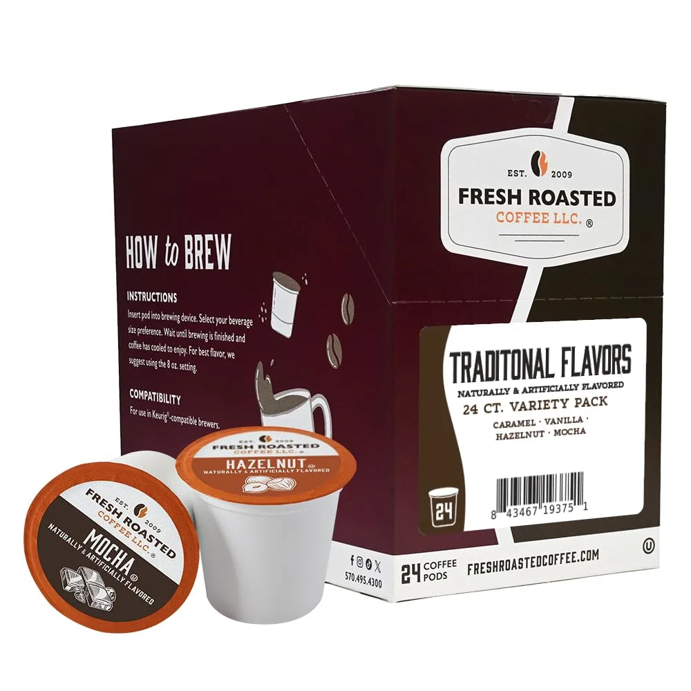 Fresh Roasted Coffee, Traditional Flavors, Flavored Coffee Pod Variety Pack, K-Cup Compatible, 24 Count