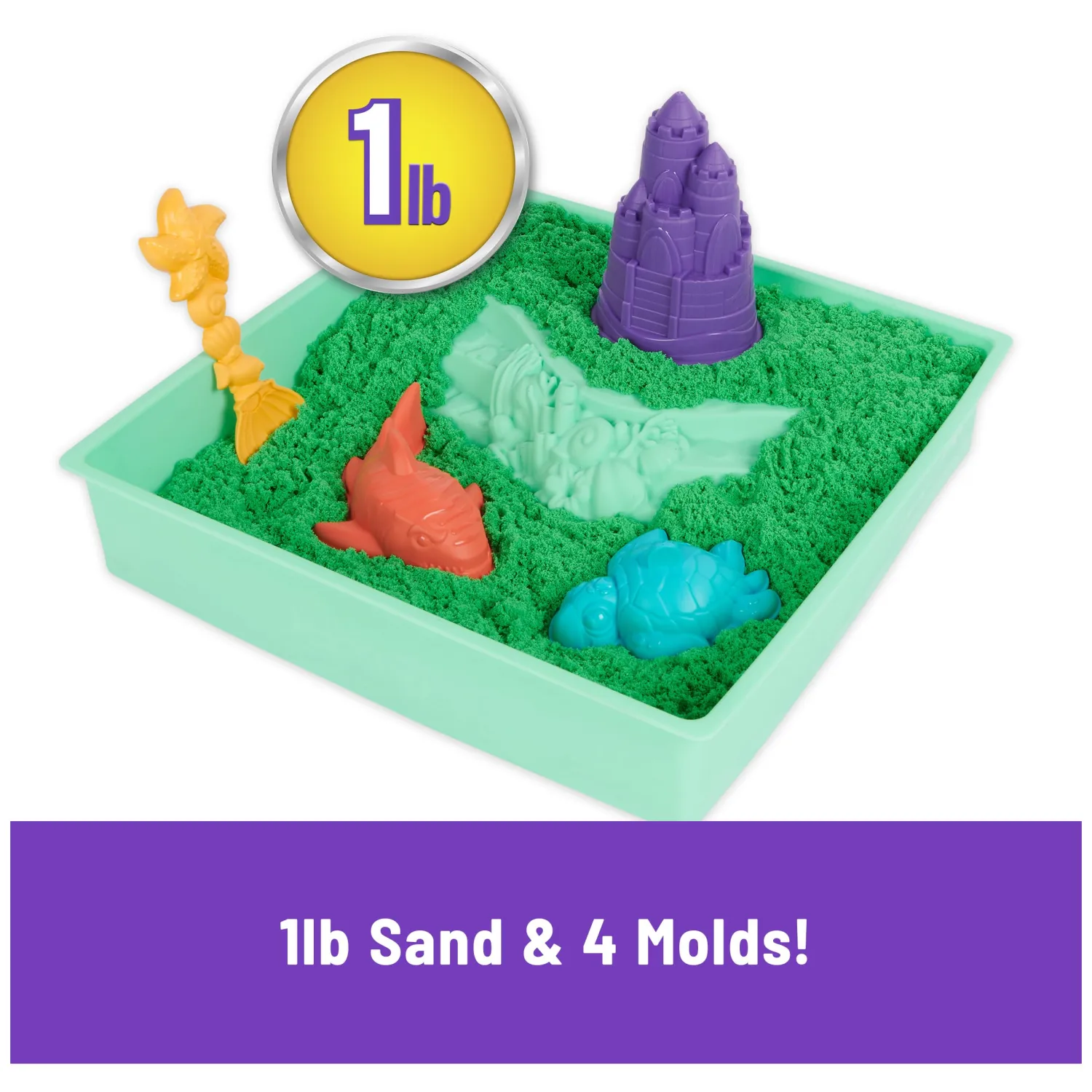 Kinetic Sand Sandbox Set, 1lb Green Play Sand, Sandbox Storage, 4 Molds and Tools, Sensory Toys for Kids Ages 3+