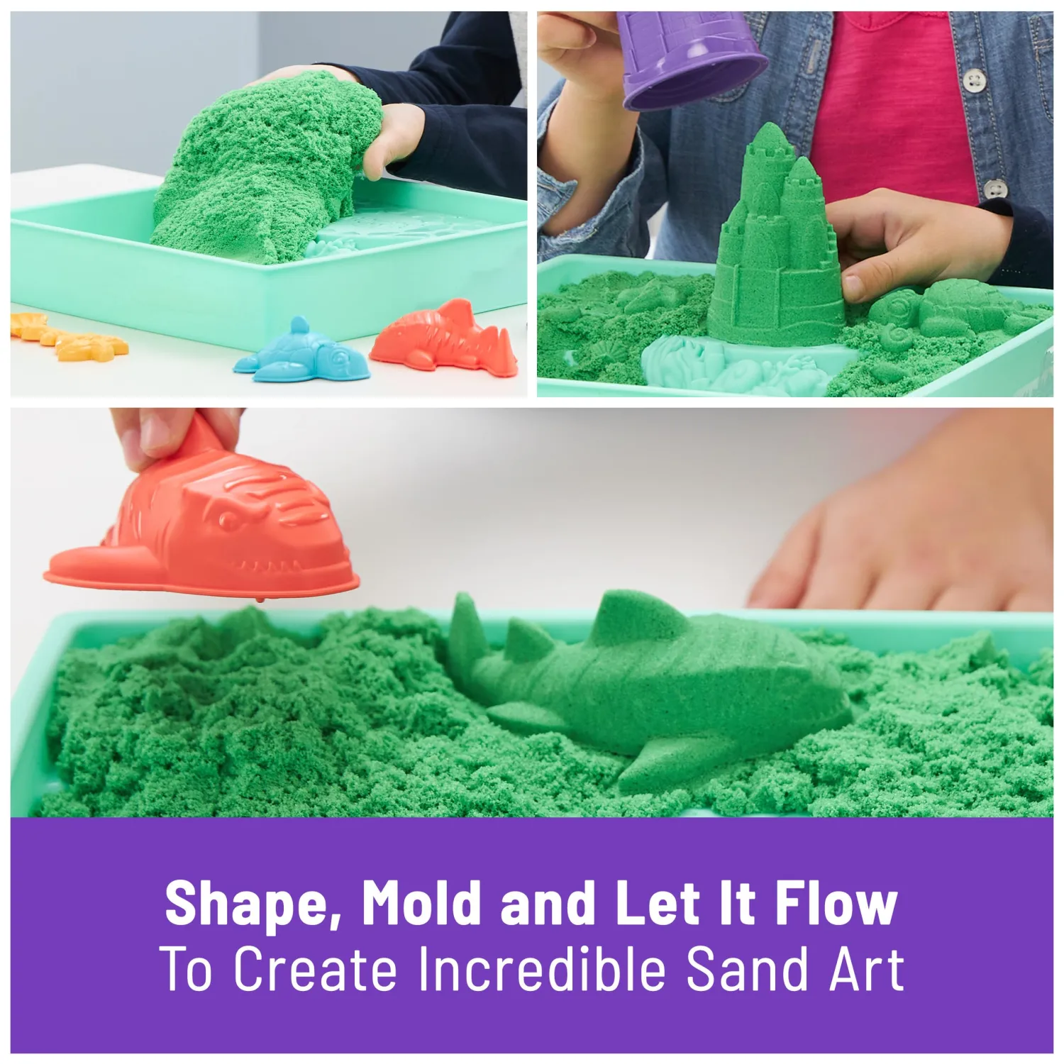 Kinetic Sand Sandbox Set, 1lb Green Play Sand, Sandbox Storage, 4 Molds and Tools, Sensory Toys for Kids Ages 3+