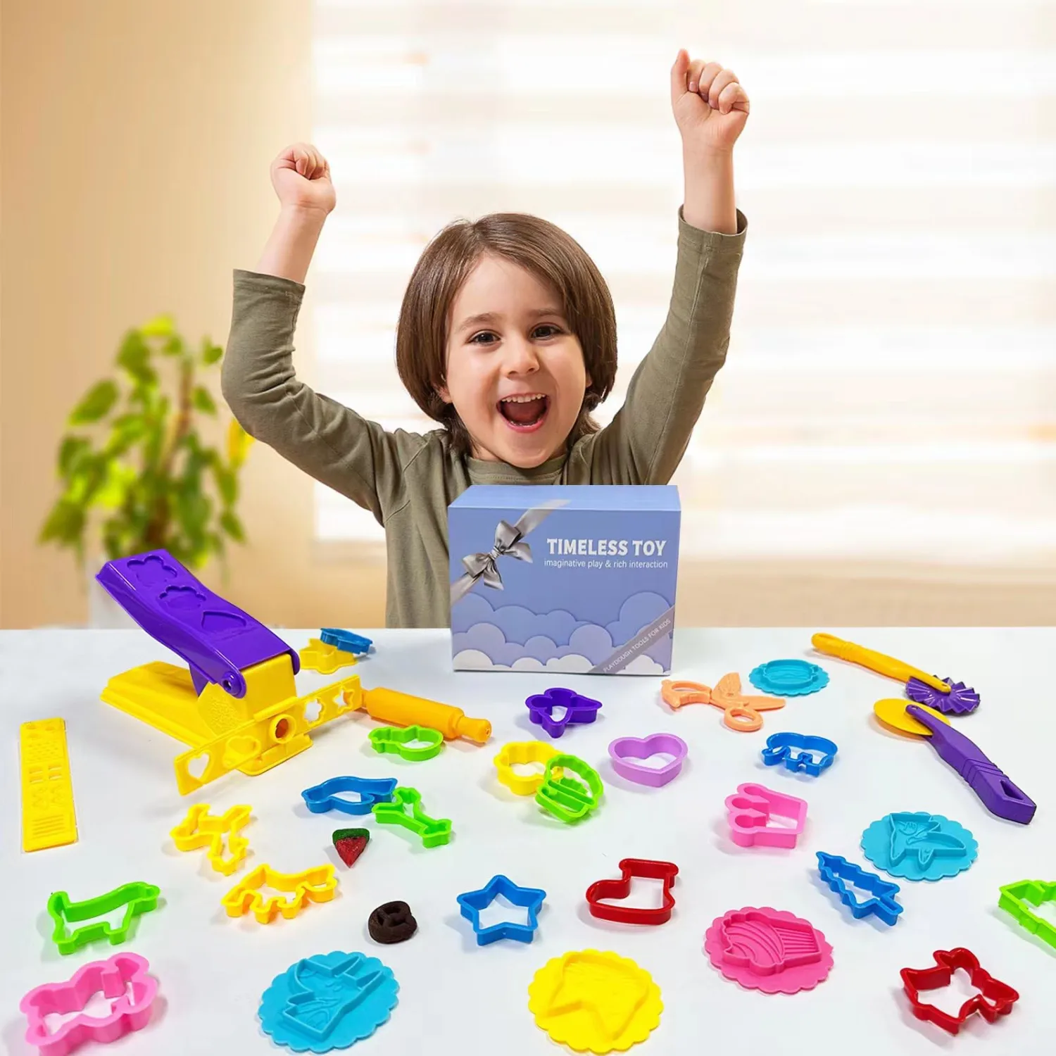 Dough Play Tools for Kids- Dough Sets Accessories Include Animal Molds Stamps Cutter Scissor Rolling Pin Extruder and Storage Box, Party Favors Toys for Kid Age 2-8