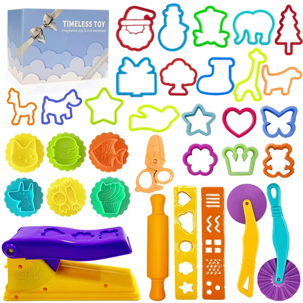 Dough Play Tools for Kids- Dough Sets Accessories Include Animal Molds Stamps Cutter Scissor Rolling Pin Extruder and Storage Box, Party Favors Toys for Kid Age 2-8