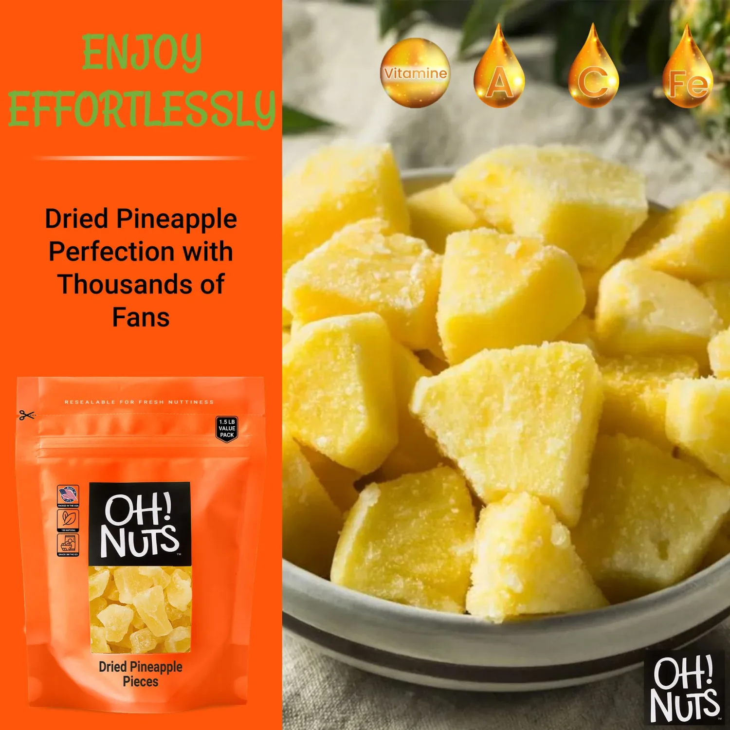 Dried Pineapple | 1.5 LB - Dried Fruit Chunks | Less Sugar Added | Dehydrated Fruit Bites | Packed in New York Zip-Seal Bag for Exceptional Freshness by Oh Nuts