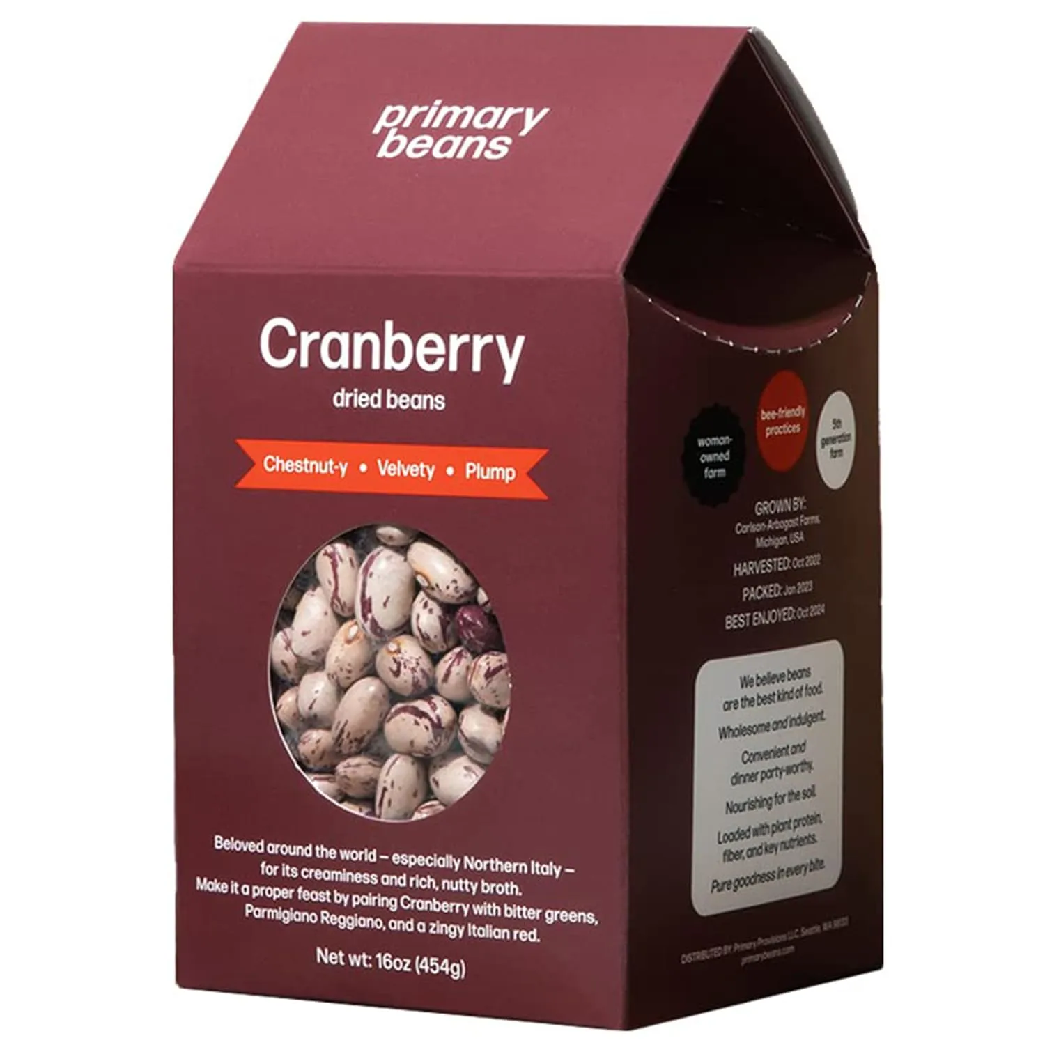 Primary Beans - Dried Cranberry Beans - Chestnuty, Velvety, Plump - Known as Borlotti Beans - Great for Soups & Stews - Pair w/Bitter Greens for a Northern Italy Specialty - Vegan & Vegetarian - 1lb