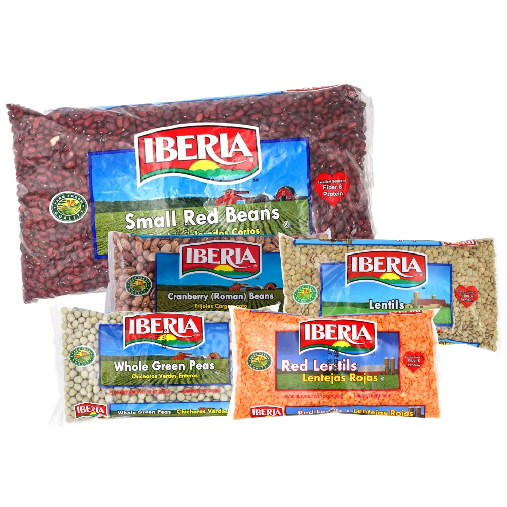 Iberia Dry Beans Variety Pack: Dry Lentils 12 oz, Red Lentils 12 oz, Roman Cranberry Beans 12 oz, Whole Green Peas 12 oz, Small Red Beans 64 oz