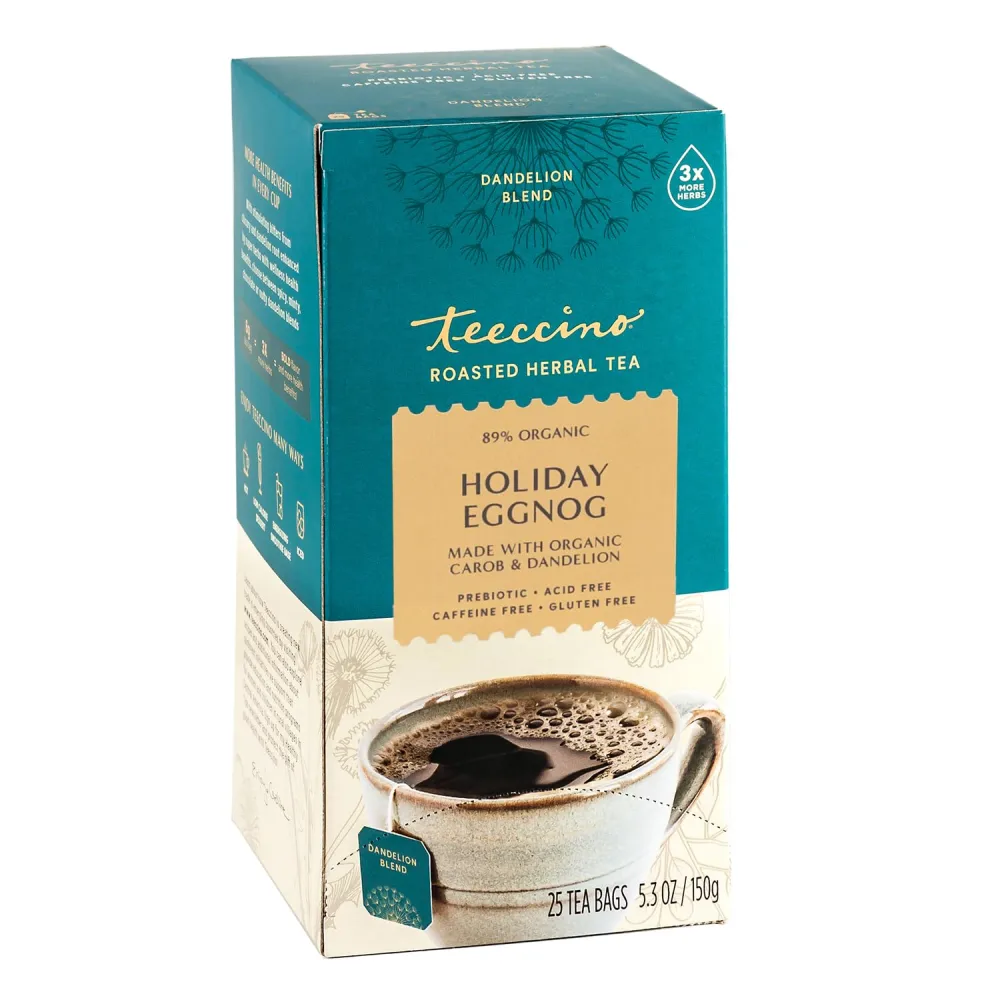 Teeccino Eggnog Herbal Tea - Holiday Dessert Tea That’s Creamy & Sweet, Prebiotic and Caffeine Free, 25 Tea Bags