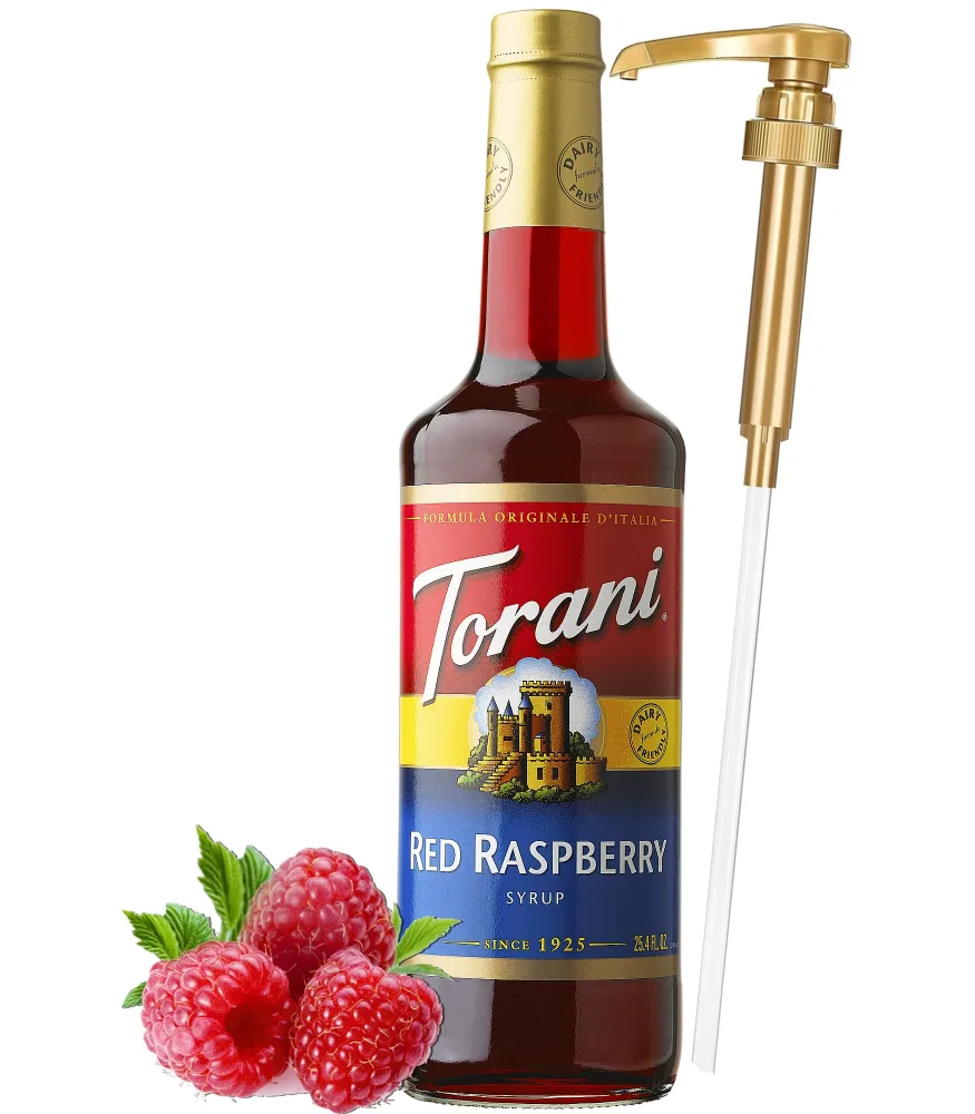 Red Raspberry Syrup for Drinks 25.4 Ounces | Torani with Little Squirt Syrup Pump