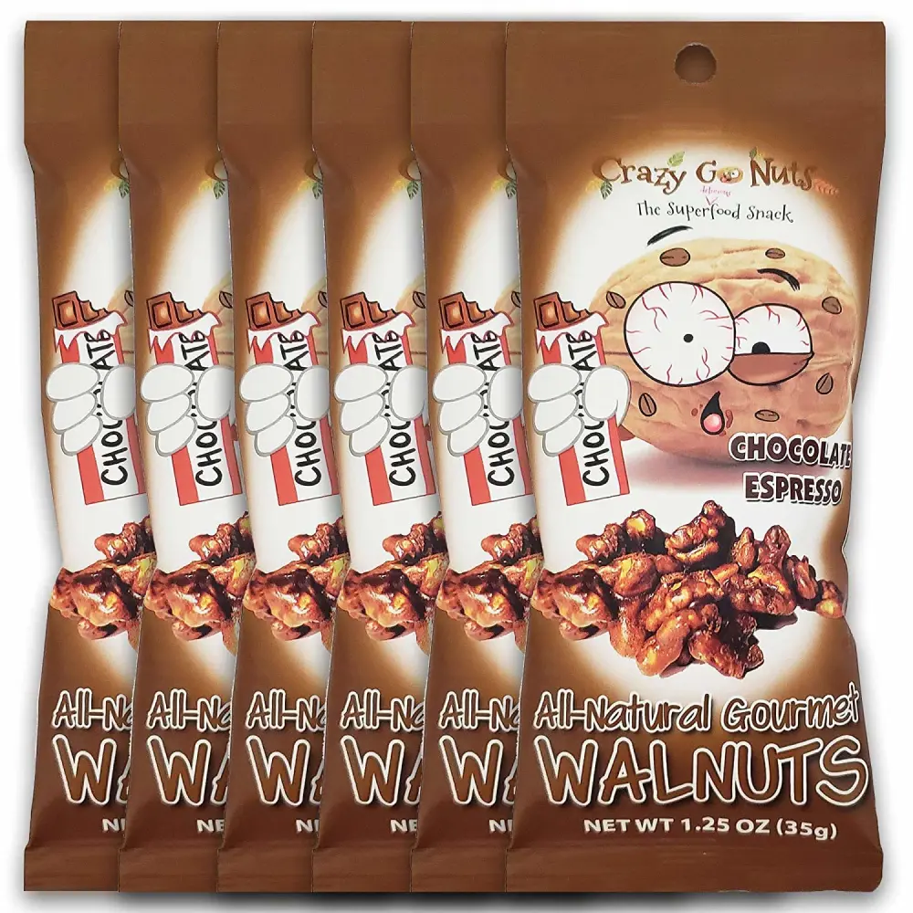 CrazyGoNuts Walnuts - Chocolate Espresso, 1.25 oz, 6-Pack, Healthy Snacks, Vegan, Gluten Free, Superfood, Natural, Non-GMO, ALA, Omega 3 Fatty Acids, Good Fats, Antioxidants