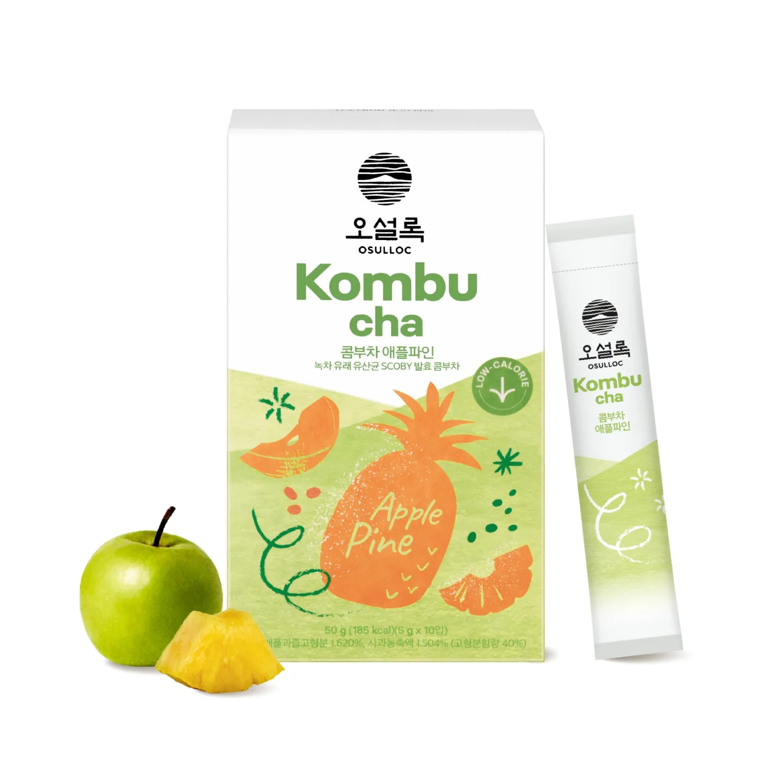 Osulloc Kombucha Tea ApplePine (Pineapple & Apple), Sparkling Powdered Mix Beverage, No added sugar, 10 Sticks, 1.76oz