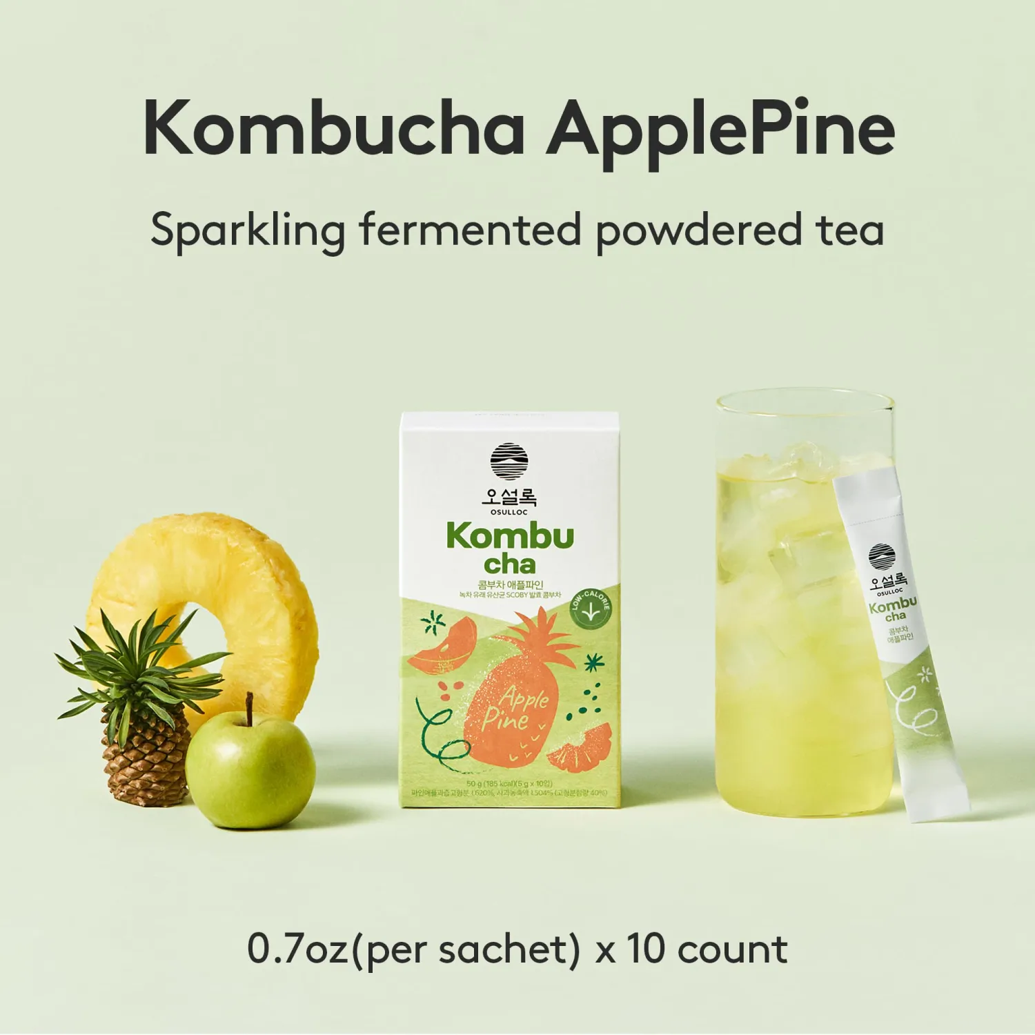 Osulloc Kombucha Tea ApplePine (Pineapple & Apple), Sparkling Powdered Mix Beverage, No added sugar, 10 Sticks, 1.76oz