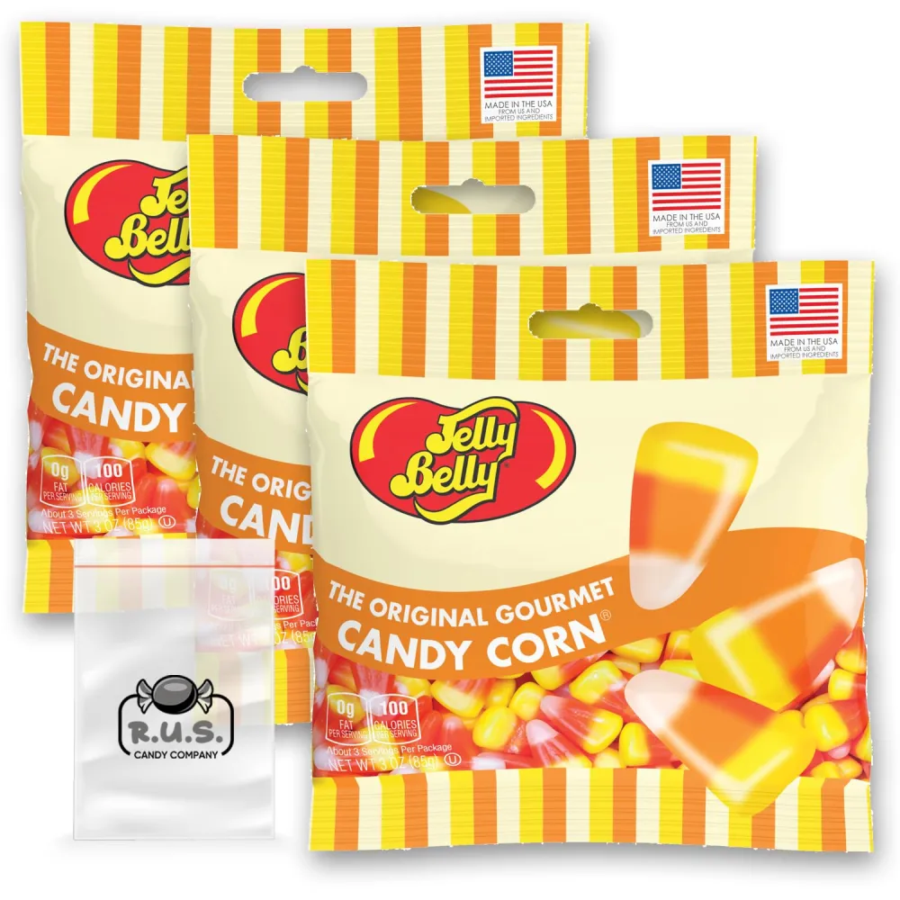 Jelly Belly Candy Corn Jelly Beans- 3 Pack - 3.0 oz each, Gourmet Jelly Beans - Candy Cornucopia of Fun! Perfect Candy Mix for Sweet Smiles and Playful Snacking this pack comes with with 1 R.U.S. Candy Company pocket size travel bag (Candy Corn)