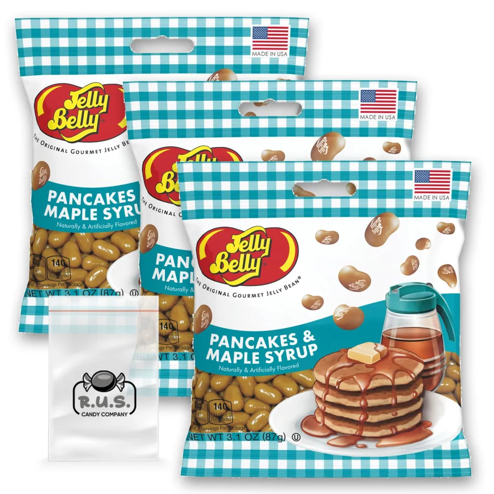 Jelly Belly Pancakes & Maple Syrup Jelly Beans- 3 Pack - 3.1 oz each, Gourmet Jelly Beans , Breakfast Bliss in Every Bite! Perfect Candy Mix for Morning Flavors and Sweet Snacking- pack comes with with 1 R.U.S. Candy Company pocket size travel bag (Pancakes & Maple Syrup)