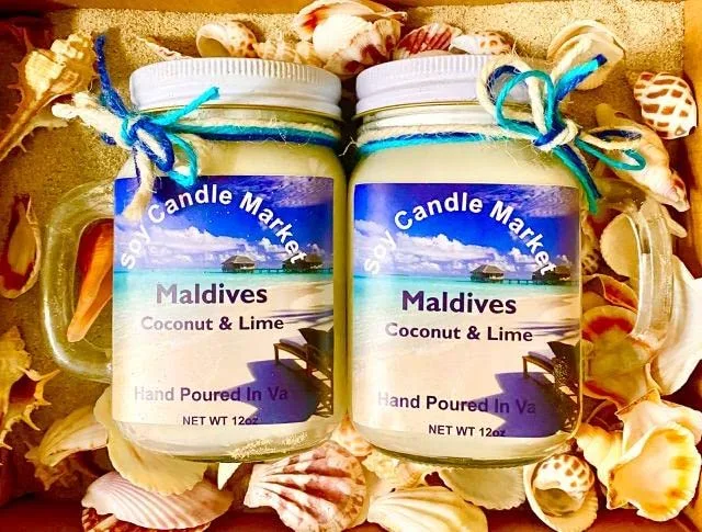 Soy Scented Candles | Handmade & Highly Aromatic Candles Burns Upto 85 Hours in Glass Jar - Perfect for Home Decor, Wedding, Birthday, Dinner (Maldives, 12 oz)