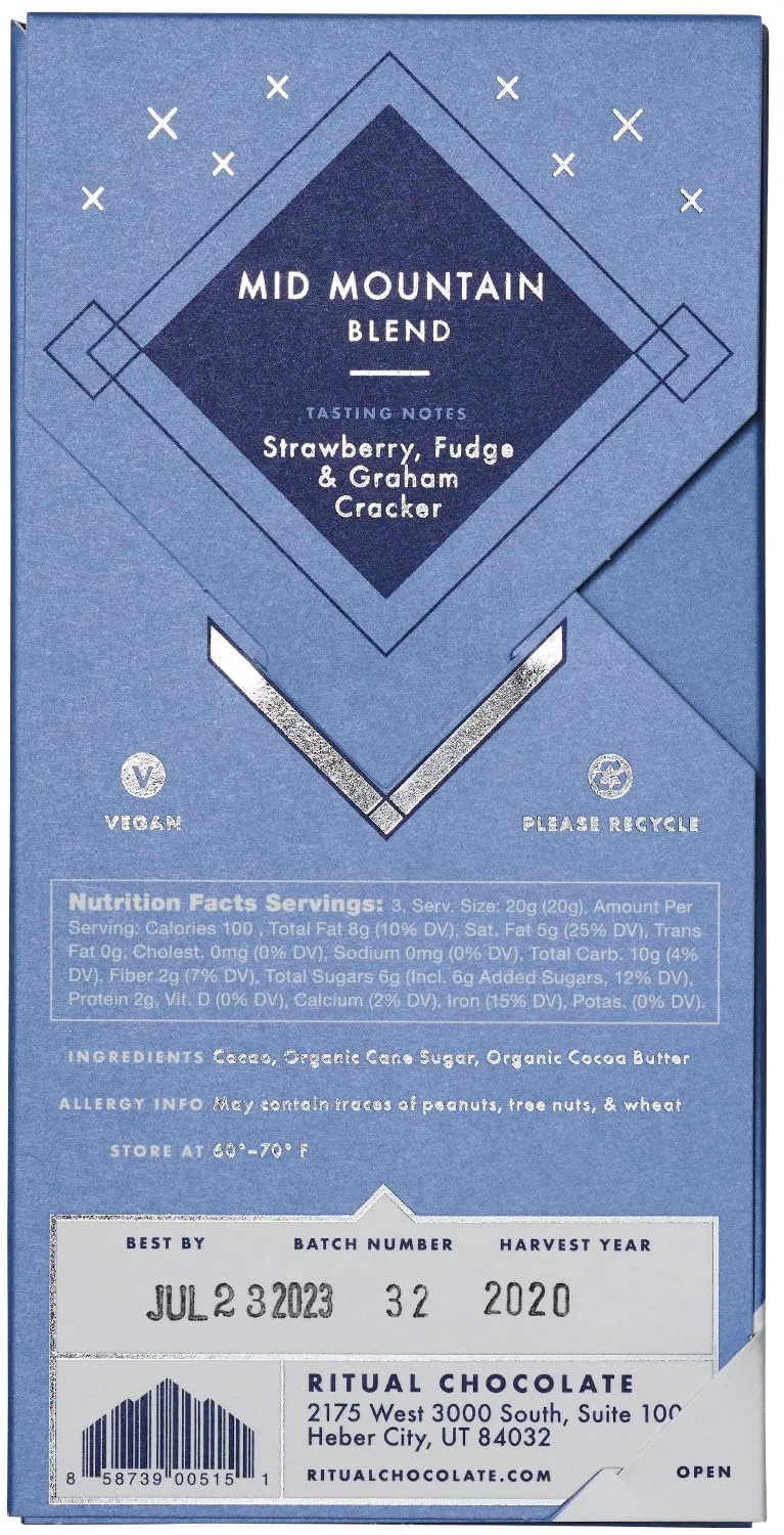 Ritual Dark Chocolate Bar, Mid Mountain Blend 70% Cacao, Notes of Strawberries, Fudge & Graham Cracker, 2.12 oz