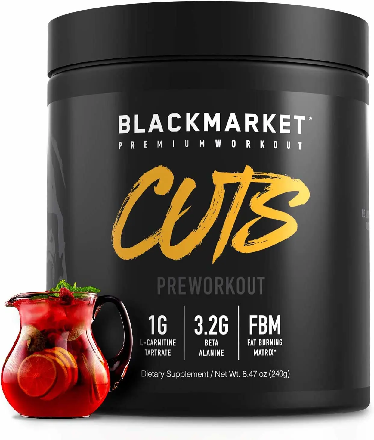 BLACKMARKET CUTS Pre Workout - Flavored Energy Powdered Drink Mix for Men & Women, Great for Muscle Definition, Fat Burning, Thermogenic, Creatine Free, (Fruit Punch, 30 Servings)