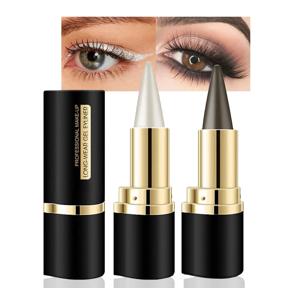 Kaely 2Pcs Silver Gray Gel Eyeliner Pen Set,Matte Waterproof Eye Liner Pencils Crayon,Cat Eye Eyeliner Stamp stencils,Eye Black Eyeshadow Stick Goth Halloween Makeup,delineador de ojos contra el agua