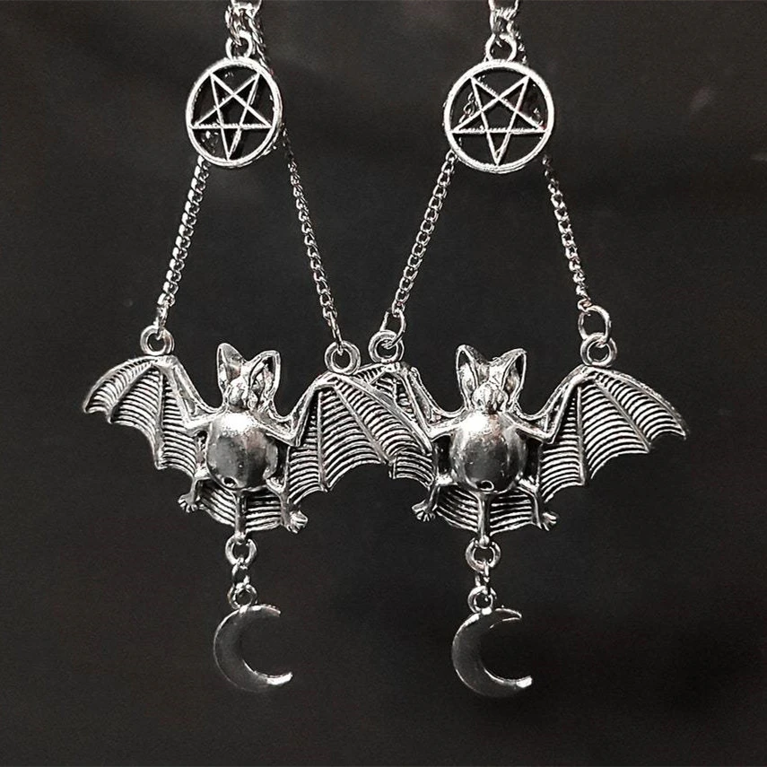 Gothic Halloween Bat Pentagram Moon Charm Earrings