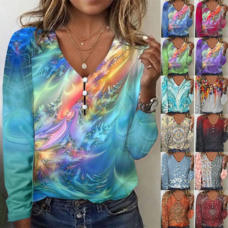 V-neck Starry Sky Tie-dyed Pearl Button T-shirt With Long Sleeves Hoodie