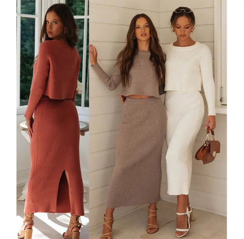 Knitting fashion color sweater dress split skirts