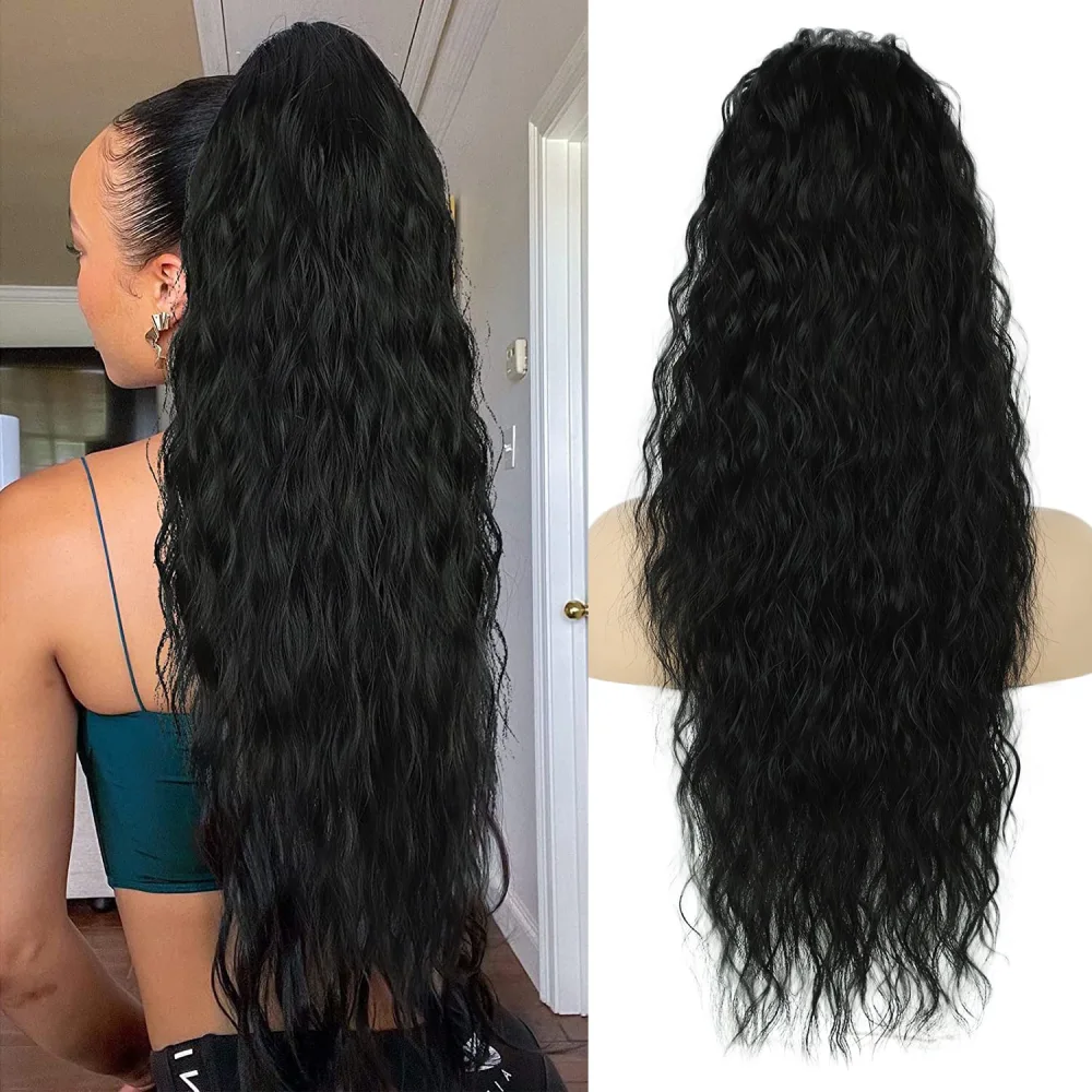 Ponytail Extensions, Black Long Wrapped Hairpiece, Ponytail, Natural Synthetic Hair Extensions for Women, Afro Braid Ponytail, Approx. 65 cm