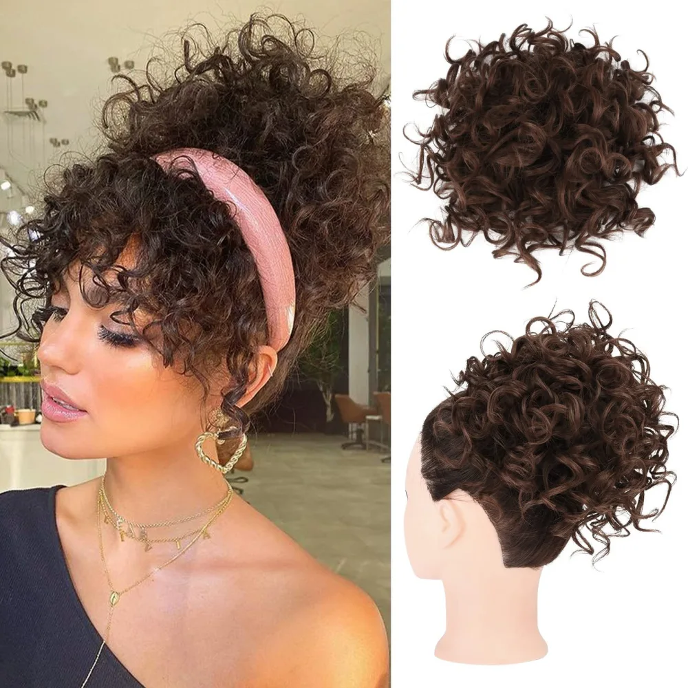 Hair Style Tools Real Human Hair Chignon Hair Piece Curly Hair Bun Rope Curly Human Hair Wigs Curly Ponytail Fake Buns Fake Hair Bun Hair Extension Fluffy Contract Extend Miss