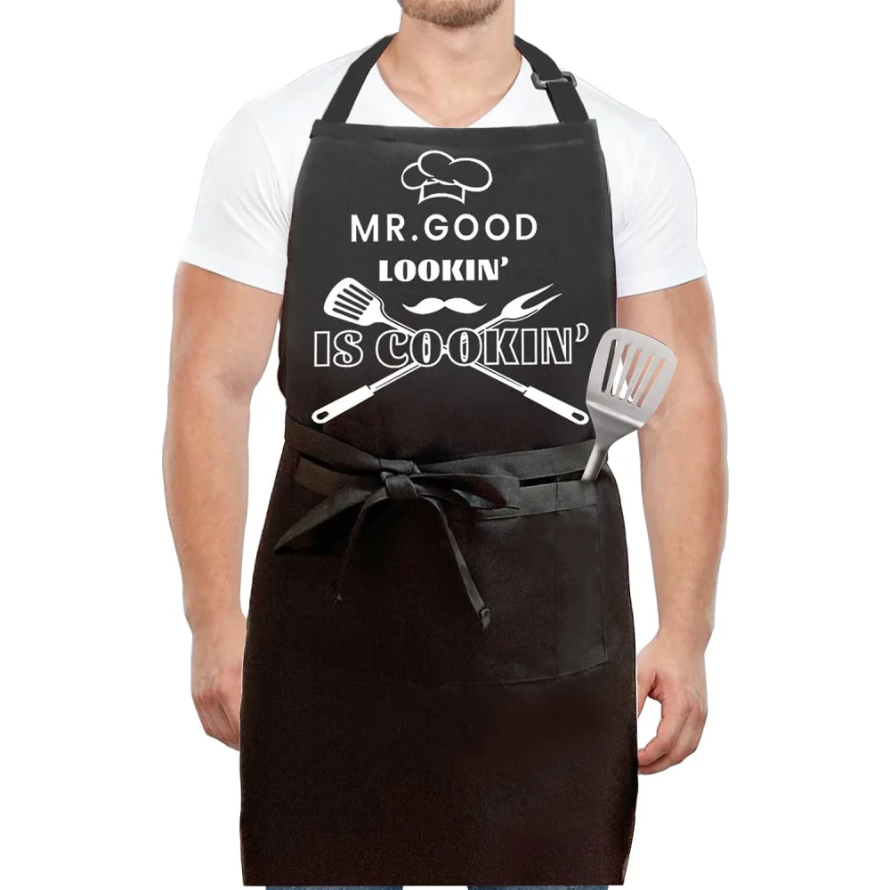 Funny Apron For Men with 3 Pockets-Mr. Good Looking is Cooking-Dad Husband Birthday, BBQ Grilling Cooking Kitchen Aprons for Son, Boyfriend, Brother, Master Chef Friends