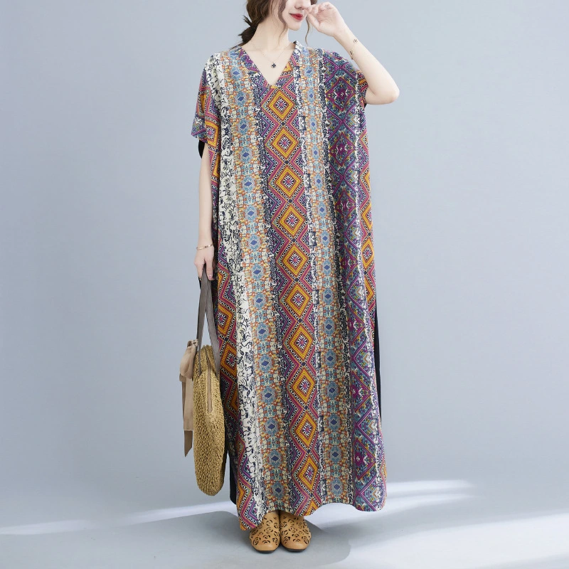 Cotton Linen VNeck Colorblock Maxi Dress Loose Casual Robe