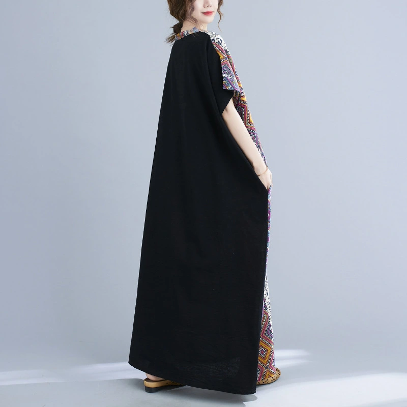 Cotton Linen VNeck Colorblock Maxi Dress Loose Casual Robe