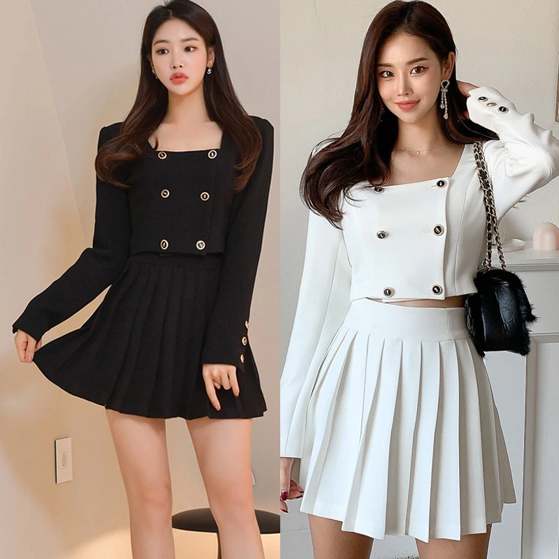 Two-piece Spring Korean Style Double-breasted Cropped Coat