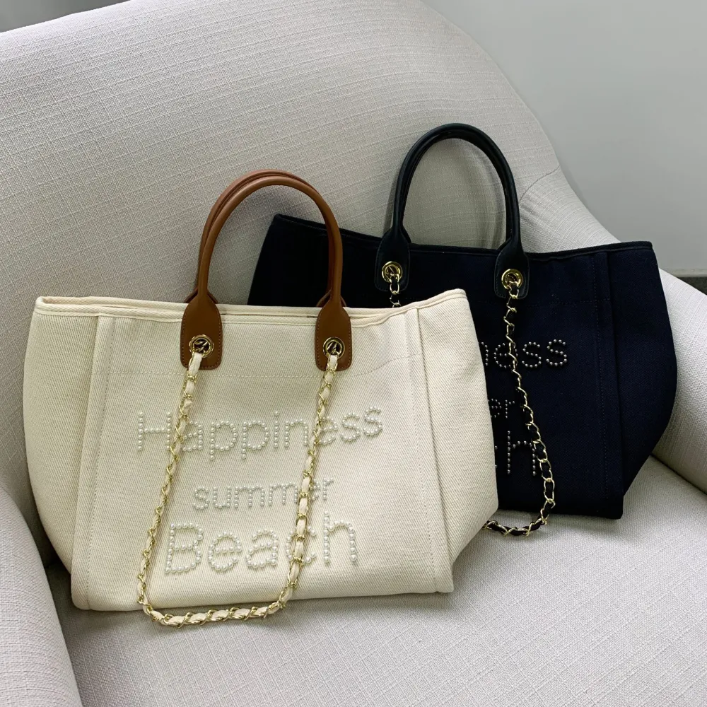 Small Fragrant Canvas With Leather Hand Chain Pearl Beach Bag