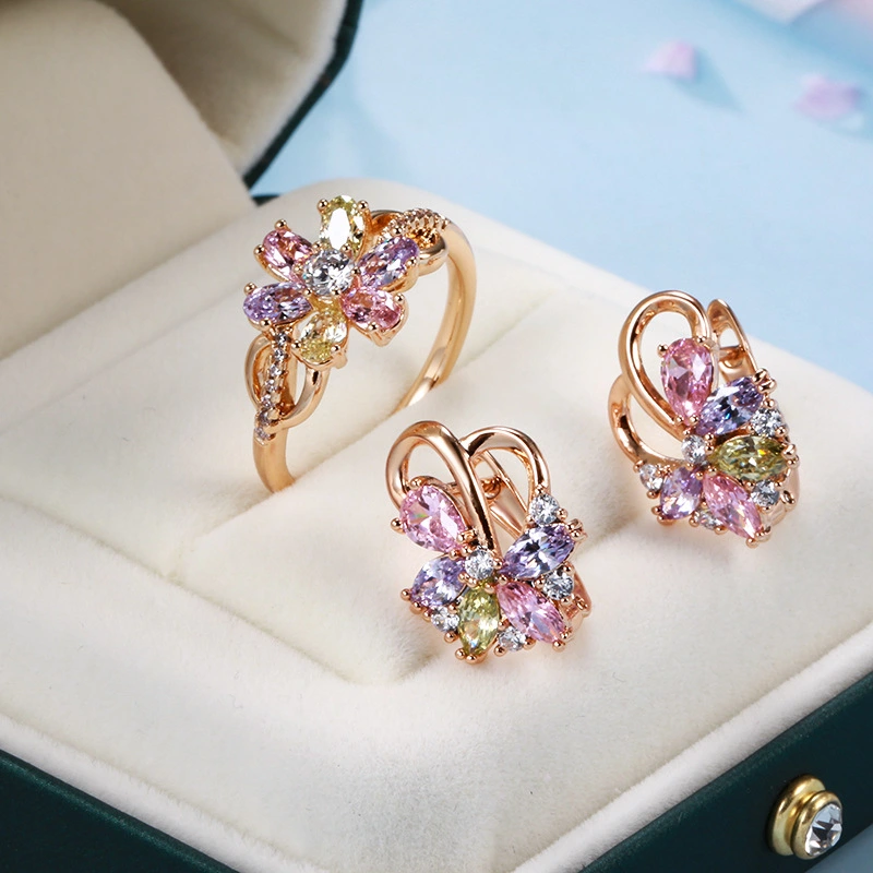 Simple Colorful Zircon 585 Rose Gold Flower Ring